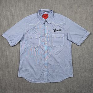 Fender Guitars Pearl Snap Shirt Mens XL Blue Pinstripe Short Sleeve Western Work